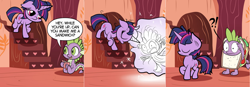 Size: 2306x800 | Tagged: safe, artist:wadusher0, spike, twilight sparkle, dragon, pony, unicorn, ask pun, g4, ask, food, golden oaks library, magic, morning ponies, sandwich, unicorn twilight