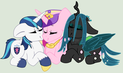 Size: 1712x1017 | Tagged: safe, artist:jadeharmony, artist:quillwithnochill, princess cadance, queen chrysalis, shining armor, alicorn, changeling, changeling queen, pony, unicorn, g4, base used, bisexual, bisexual female, blushing, cheek kiss, crown, eyes closed, eyeshadow, female, gray background, jewelry, kiss sandwich, kissing, lesbian, lesbian in front of boys, makeup, male, mare, ot3, polyamory, regalia, ship:cadalis, ship:chrysarmordance, ship:shining chrysalis, ship:shiningcadance, shipping, simple background, stallion, straight, unshorn fetlocks