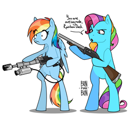 Size: 4000x4000 | Tagged: safe, artist:bonpikabon, rainbow dash, rainbow dash (g3), earth pony, pegasus, pony, g3, g4, absurd resolution, bipedal, duality, duo, duo female, eye clipping through hair, female, flamethrower, frown, generation leap, generational ponidox, gun, hoof hold, imminent murder, mare, missing cutie mark, oh crap, open mouth, raised hoof, shadow, shotgun, simple background, talking, the tables have turned, there can be only one, this will end in death, this will end in tears, this will end in tears and/or death, unamused, weapon, white background