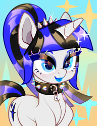 Size: 2800x3650 | Tagged: source needed, safe, artist:rrd-artist, oc, oc only, oc:coldlight bluestar, pony, unicorn, bust, collar, cute, cutie mark, eyebrows, eyeliner, eyeshadow, female, high res, horn, jewelry, lipstick, makeup, mare, ponytail, solo, sparkles, spiked collar, spikes, tiara