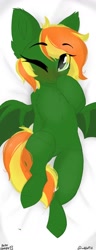 Size: 500x1300 | Tagged: safe, artist:wulfieshydev, oc, oc only, oc:emerald grace, bat pony, pony, bat pony oc, bat wings, blushing, chest fluff, commission, cute, dakimakura cover, ear fluff, eye clipping through hair, eyebrows, eyebrows visible through hair, female, lying down, mare, on back, one eye closed, signature, smiling, solo, two toned mane, wings, your character here