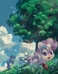 Size: 2480x3118 | Tagged: safe, artist:feelinnglad, oc, oc only, oc:penny, oc:pinwheel, oc:will, butterfly, earth pony, insect, ladybug, pegasus, pony, unicorn, bow, flower, high res, kite, outdoors, swing, tree