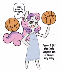 Size: 2208x2544 | Tagged: safe, anonymous artist, sweetie belle, pony, unicorn, semi-anthro, g4, arm hooves, basketball, bipedal, caption, clothes, dialogue, drawthread, high res, ponified, solo, speech bubble, sports