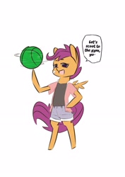 Size: 2480x3508 | Tagged: safe, anonymous artist, scootaloo, pegasus, pony, semi-anthro, g4, arm hooves, basketball, bipedal, clothes, dialogue, drawthread, high res, ponified, solo, speech bubble, sports