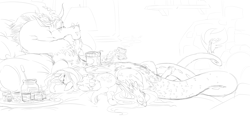 Size: 8093x3872 | Tagged: safe, artist:snspony, discord, fluttershy, draconequus, pegasus, pony, g4, female, food, ice cream, male, monochrome, pickles, preggoshy, pregnant, ship:discoshy, shipping, straight