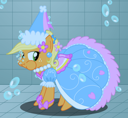 Size: 2700x2500 | Tagged: safe, artist:bladedragoon7575, applejack, earth pony, pony, g4, look before you sleep, applejack is not amused, bored, bubble, clothes, dress, female, froufrou glittery lacy outfit, hennin, high res, holding breath, not impressed, princess, princess applejack, puffy cheeks, sinking, solo, swimming pool, unamused, underwater