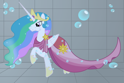Size: 3350x2250 | Tagged: safe, artist:bladedragoon7575, princess celestia, alicorn, pony, g4, bubble, clothes, crown, dress, female, gala dress, high res, holding breath, hoof shoes, jewelry, mare, puffy cheeks, regalia, solo, swimming pool, underwater