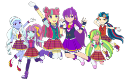 Size: 2560x1620 | Tagged: safe, artist:fantasygerard2000, indigo zap, lemon zest, sour sweet, sugarcoat, sunny flare, oc, oc:magus eveningstar, equestria girls, g4, my little pony equestria girls: friendship games, boots, bow, clothes, dress, ear piercing, earring, female, gloves, goggles, hair bun, headphones, jewelry, piercing, ponytail, ribbon, shadow five, shadowbolts, shoes, simple background, skirt, stockings, thigh highs, transparent background