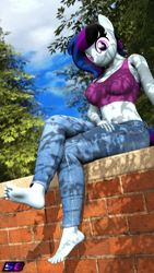 Size: 2160x3840 | Tagged: safe, artist:shadowboltsfm, oc, oc:maple cake, anthro, plantigrade anthro, 3d, 4k, barefoot, belly button, bra, breasts, clothes, crop top bra, crossed legs, cute, feet, high res, jeans, looking at you, pants, shirt, sitting, smiling, source filmmaker, toes, underwear