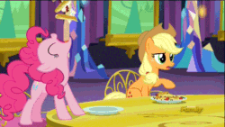 Size: 512x288 | Tagged: safe, screencap, applejack, pinkie pie, castle sweet castle, g4, animated, eating, female, food, pancakes, plate, stuffing, swallowing, that pony sure does love pancakes, throat bulge