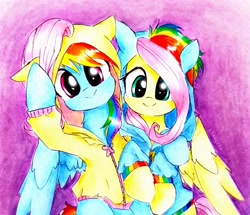 Size: 2572x2212 | Tagged: safe, artist:liaaqila, fluttershy, rainbow dash, pegasus, pony, g4, clothes, commission, costume, cute, dashabetes, duo, duo female, female, floppy ears, front view, full face view, high res, hoodie, hoof fluff, hug, kigurumi, lesbian, liaaqila is trying to murder us, liaaqila is trying to murder us with dashabetes, looking at you, mare, pony costume, raised hoof, ship:flutterdash, shipping, shyabetes, sitting, smiling, spread wings, traditional art, weapons-grade cute, wings
