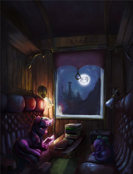 Size: 1500x1953 | Tagged: safe, artist:nemo2d, spike, twilight sparkle, dragon, pony, unicorn, fanfic:the mares in the moon, g4, alternate universe, book, canterlot, commission, duo, eyes closed, fanfic, fanfic art, fanfic cover, female, full moon, lying down, magic, male, mare, mare in the moon, moon, night, prone, reading, sky, sleeping, telekinesis, train cabin, train car, unicorn twilight