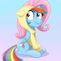 Size: 2048x2048 | Tagged: safe, artist:whitequartztheartist, rainbow dash, pegasus, pony, g4, clothes, commission, costume, female, floppy ears, folded wings, gradient background, high res, hoodie, kigurumi, looking at you, mare, scrunchy face, sitting, solo, three quarter view, wings