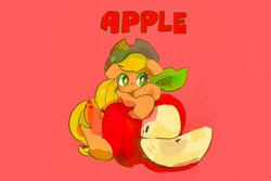 Size: 1156x771 | Tagged: safe, artist:osawari64, applejack, earth pony, pony, g4, apple, apple slice, cute, female, floppy ears, food, jackabetes, mare, red background, simple background, solo