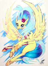 Size: 1487x2048 | Tagged: safe, artist:025aki, princess skystar, hippogriff, g4, my little pony: the movie, cute, female, flower, flower in hair, flying, marker drawing, seashell necklace, sky, skyabetes, solo, spread wings, traditional art, wings