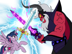 Size: 2048x1536 | Tagged: safe, artist:melspyrose, lord tirek, twilight sparkle, alicorn, pony, g4, dusk shine, glowing eyes, glowing horn, gritted teeth, horn, prince dusk, reference to another series, rule 63, sword, twilight sparkle (alicorn), weapon