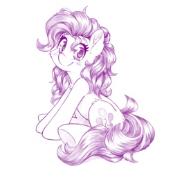 Size: 1280x1280 | Tagged: safe, artist:dstears, pinkie pie, earth pony, pony, g4, butt fluff, cheek fluff, chest fluff, cute, diapinkes, ear fluff, female, fluffy, grayscale, leg fluff, looking at you, mare, monochrome, pencil drawing, ponk, simple background, sitting, sketch, smiling, smiling at you, solo, traditional art, underhoof, white background