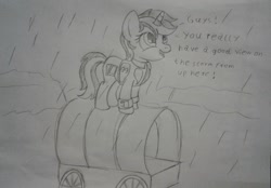 Size: 2012x1400 | Tagged: safe, artist:peternators, edit, oc, oc only, oc:blackjack, pony, unicorn, fallout equestria, fallout equestria: project horizons, fanfic art, female, happy, mare, monochrome, pipbuck, rain, sketch, smiling, solo, text, traditional art, wagon