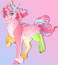Size: 2103x2368 | Tagged: safe, artist:seffiron, oc, oc only, oc:confetti chaos, draconequus, high res, interspecies offspring, male, mismatched horns, offspring, parent:discord, parent:pinkie pie, parents:discopie, solo