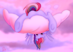 Size: 1280x919 | Tagged: safe, artist:ihniyart, rainbow dash, pegasus, pony, g4, butt, cloud, cute, dashabetes, featureless crotch, female, looking at you, looking back, looking back at you, lying down, mare, on a cloud, plot, prone, sky, solo, upside down