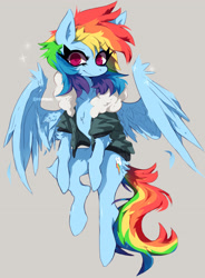 Size: 1651x2244 | Tagged: safe, artist:hoshmyposhes, rainbow dash, pegasus, pony, g4, bomber jacket, chest fluff, clothes, feather, female, gray background, jacket, leg fluff, looking at you, mare, simple background, solo, spread wings, wings