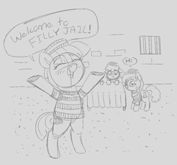 Size: 1017x946 | Tagged: safe, artist:heretichesh, oc, oc only, earth pony, pony, bipedal, blushing, clothes, cup, dialogue, female, filly, frown, hat, jail, prison outfit, prisoner, smiling, stoic, stripes, table, tablecloth, text, trio, window, window bars