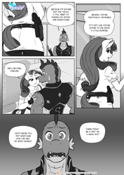 Size: 1200x1697 | Tagged: safe, artist:pia-sama, rarity, spike, dragon, unicorn, anthro, comic:rogue diamond, g4, comic, female, male, mare, monochrome, older, older spike, sweat