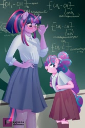 Size: 848x1280 | Tagged: safe, artist:xjenn9, derpibooru exclusive, princess flurry heart, twilight sparkle, alicorn, anthro, g4, aunt and niece, backpack, chalkboard, chemistry, clothes, cute, female, flurrybetes, glasses, meganekko, ponytail, school uniform, shirt, skirt, socks