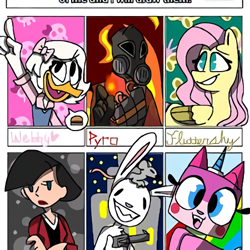 Size: 450x450 | Tagged: artist needed, safe, fluttershy, cat, human, mouse, pegasus, pony, rabbit, anthro, g4, :d, animal, anthro with ponies, bow, bust, crossover, ducktales 2017, female, frown, gas mask, grin, gun, hair bow, lego, male, mare, mask, open mouth, pictogram, pyro (tf2), sam and max, six fanarts, smiling, team fortress 2, the lego movie, two toned wings, unikitty, weapon, webby vanderquack, wings