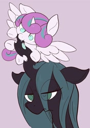 Size: 1442x2048 | Tagged: safe, artist:noupu, princess flurry heart, queen chrysalis, alicorn, changeling, changeling queen, pony, g4, baby, baby pony, biting, bust, cute, duo, female, floppy ears, flurrybetes, nibbling, portrait, purple background, queen chrysalis is not amused, simple background, unamused