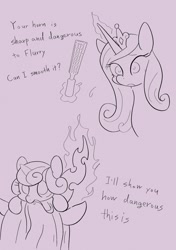 Size: 1442x2048 | Tagged: safe, artist:noupu, princess cadance, princess flurry heart, queen chrysalis, alicorn, changeling, pony, g4, baby, baby pony, bust, cute, dialogue, female, glowing horn, horn, mare, monochrome