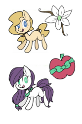 Size: 1080x1626 | Tagged: safe, artist:demibowties, oc, oc only, earth pony, pony, apple, bowtie, cute, cutie mark, female, filly, flower, food, freckles, magical lesbian spawn, offspring, parent:applejack, parent:rarity, parents:rarijack, siblings, sisters