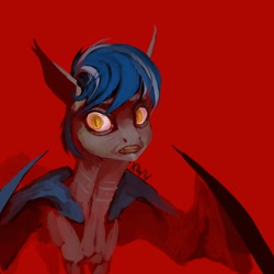 Size: 2160x2160 | Tagged: safe, artist:kiwwsplash, oc, oc only, bat pony, pony, bat pony oc, bat wings, gritted teeth, high res, red background, signature, simple background, solo, wings