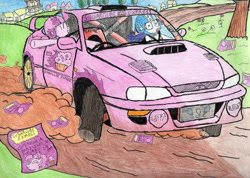 Size: 3414x2431 | Tagged: safe, artist:sparkfler85, pinkie pie, rarity, earth pony, pony, unicorn, g4, car, crayon drawing, dirt, high res, racecar, spanish text, subaru, subaru impreza, traditional art, tree