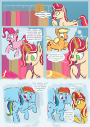 Size: 2480x3508 | Tagged: safe, artist:kozachokzrotom, applejack, pinkie pie, rainbow dash, sunset shimmer, oc, oc:queen motherly morning, alicorn, earth pony, pegasus, pony, unicorn, comic:couple of the crystal empire, g4, alicorn oc, armor, closet, clothes, comic, commissioner:bigonionbean, cowboy hat, crystal empire, dialogue, doors, female, fusion, fusion:applejack, fusion:pinkie pie, fusion:rainbow dash, fusion:sunset shimmer, hat, high res, horn, magic, palace, royal guard, royal guard armor, royalty, stetson, thought bubble, wings, writer:bigonionbean