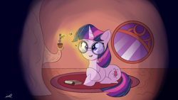 Size: 3840x2160 | Tagged: safe, artist:legiot18, twilight sparkle, firefly (insect), insect, pony, unicorn, g4, adorkable, book, crossed hooves, cute, dork, female, flower, glasses, golden oaks library, high res, lying down, mare, night, prone, signature, smiling, solo, twiabetes, unicorn twilight