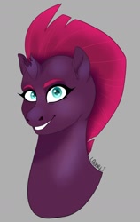 Size: 1024x1625 | Tagged: safe, artist:lavorli, tempest shadow, pony, unicorn, g4, broken horn, bust, female, grin, horn, mare, portrait, signature, simple background, smiling, solo