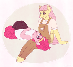Size: 3900x3600 | Tagged: safe, artist:hahyh, fluttershy, pinkie pie, earth pony, pegasus, anthro, unguligrade anthro, g4, beanbrows, clothes, eyebrows, female, high res, lesbian, overalls, ship:flutterpie, shipping
