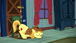 Size: 1280x720 | Tagged: safe, screencap, braeburn, earth pony, pony, appleoosa's most wanted, g4, eyes closed, face down ass up, foalsitter, house, male, sitting, sleeping, solo, stallion