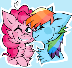 Size: 750x704 | Tagged: safe, artist:letmeoute, pinkie pie, rainbow dash, earth pony, pegasus, pony, g4, blue background, bust, cheek fluff, chest fluff, eyes closed, female, fluffy, lesbian, mare, nose wrinkle, nuzzling, one eye closed, ship:pinkiedash, shipping, simple background, wavy mouth