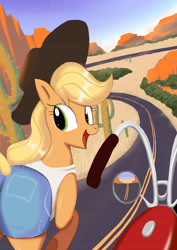 Size: 2480x3508 | Tagged: safe, artist:neoshrek, applejack, earth pony, pony, g4, cactus, clothes, cowboy hat, cowgirl, denim shorts, desert, female, freckles, hat, high res, highway, looking at you, mare, motorcycle, shirt, shorts, solo, tank top, tomboy