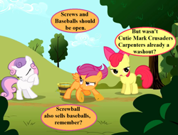 Size: 945x720 | Tagged: safe, edit, edited screencap, editor:korora, screencap, apple bloom, scootaloo, sweetie belle, g4, the cutie mark chronicles, bow, bucket, cropped, dialogue, hair bow, headcanon, implied screwball, speech bubble, tree, tree sap and pine needles, water