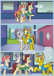 Size: 2480x3508 | Tagged: safe, artist:kozachokzrotom, smolder, oc, oc:heartstrong flare, oc:king calm merriment, oc:princess mythic majestic, oc:queen motherly morning, alicorn, dragon, pony, comic:couple of the crystal empire, g4, alicorn oc, alicorn princess, clothes, comic, commissioner:bigonionbean, crystal, crystal empire, dialogue, diary, dragoness, female, fusion, fusion:applejack, fusion:caboose, fusion:cheese sandwich, fusion:donut joe, fusion:fancypants, fusion:fluttershy, fusion:pinkie pie, fusion:promontory, fusion:rainbow dash, fusion:rarity, fusion:silver zoom, fusion:soarin', fusion:starlight glimmer, fusion:sunburst, fusion:sunset shimmer, fusion:zecora, goggles, high res, horn, husband and wife, male, mare, notebook, riding a pony, royalty, stallion, train, train station, uniform, wings, wonderbolt trainee uniform, writer:bigonionbean