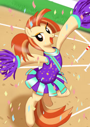 Size: 2480x3508 | Tagged: safe, alternate version, artist:neoshrek, shimmy shake, pony, 2 4 6 greaaat, g4, bipedal, cheerleader, cheerleader outfit, clothes, confetti, female, high res, mare, pom pom, solo, sweat