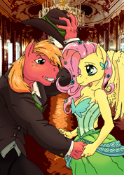 Size: 2463x3482 | Tagged: safe, artist:mohawkrex, color edit, edit, big macintosh, fluttershy, earth pony, pegasus, anthro, g4, ballroom, clothes, colored, cowboy hat, dress, female, flower, flower in hair, gala dress, hat, hat tip, high res, hoers, holding hands, looking at each other, male, ship:fluttermac, shipping, straight, suit