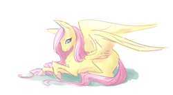 Size: 2000x1100 | Tagged: safe, artist:opossumberry, fluttershy, pegasus, pony, g4, chest fluff, colored hooves, cute, female, lying down, mare, missing cutie mark, profile, prone, realistic horse legs, shyabetes, solo, spread wings, wings