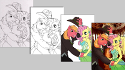 Size: 3469x1943 | Tagged: safe, artist:mohawkrex, color edit, edit, big macintosh, fluttershy, earth pony, pegasus, anthro, g4, ballroom, clothes, colored, cowboy hat, dress, female, flower, flower in hair, gala dress, gray background, hat, hat tip, hoers, holding hands, lineart, looking at each other, male, progression, ship:fluttermac, shipping, simple background, straight, suit, traditional art