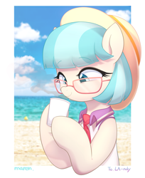 Size: 3177x3900 | Tagged: safe, artist:maren, coco pommel, earth pony, pony, g4, beach, clothes, cloud, cocobetes, coffee, cup, cute, female, glasses, hat, high res, mare, ocean, photo, sand, sky, smiling, solo, swimsuit, water