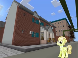 Size: 2048x1536 | Tagged: safe, artist:topsangtheman, artist:vector-brony, golden glitter, earth pony, pony, g4, house, looking at you, minecraft, solo