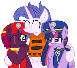 Size: 1199x1056 | Tagged: safe, artist:徐詩珮, fizzlepop berrytwist, tempest shadow, twilight sparkle, oc, oc:aurora (tempest's mother), alicorn, pony, series:sprglitemplight diary, series:sprglitemplight life jacket days, series:springshadowdrops diary, series:springshadowdrops life jacket days, g4, alternate universe, chase (paw patrol), clothes, female, lesbian, lifejacket, marshall (paw patrol), mother and child, mother and daughter, paw patrol, ship:tempestlight, shipping, simple background, transparent background, twilight sparkle (alicorn)